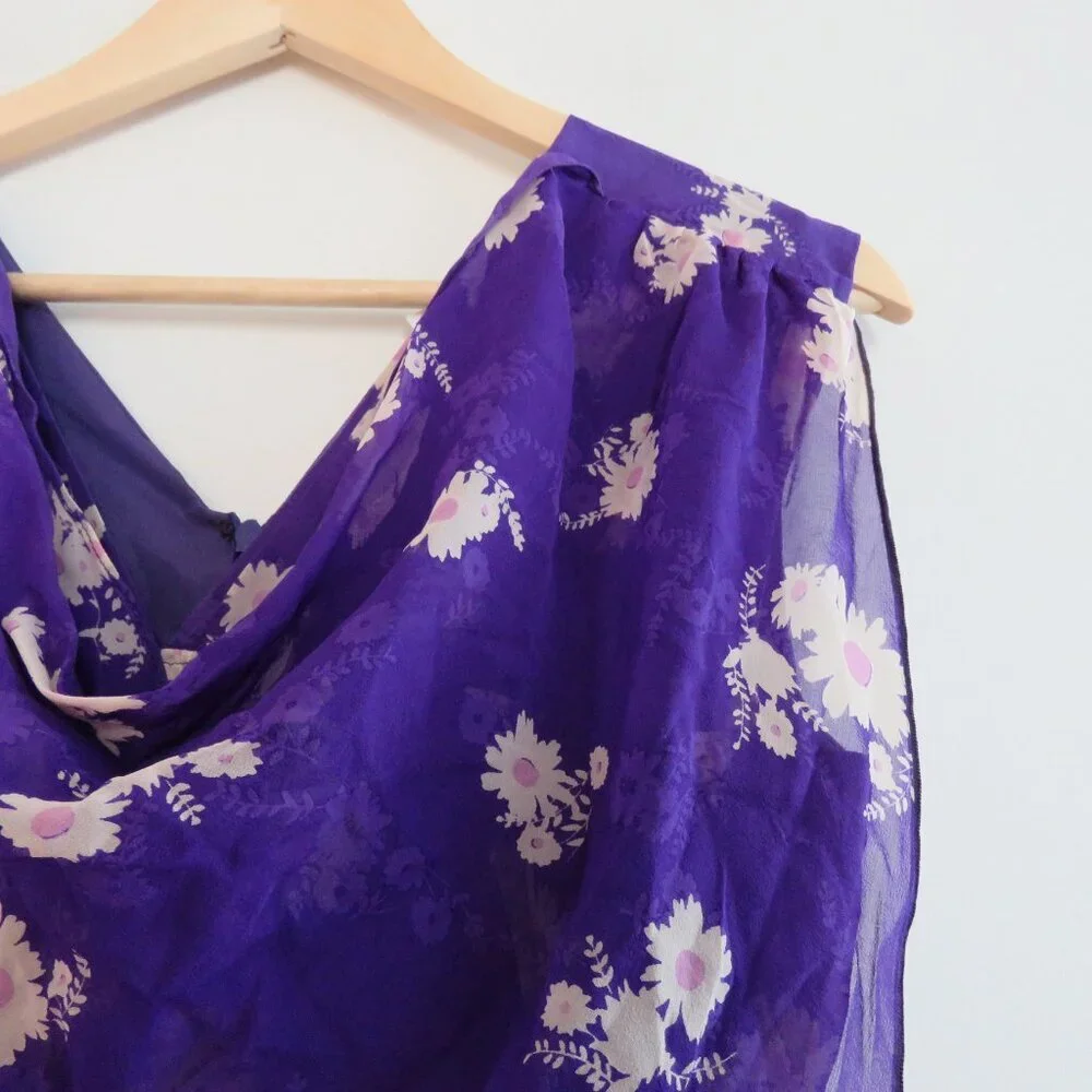 VINTAGE ANNA SUI 100% Silk Purple Ditsy Floral Draped Dress Y2K - Size US 2 - Picture 3 of 15